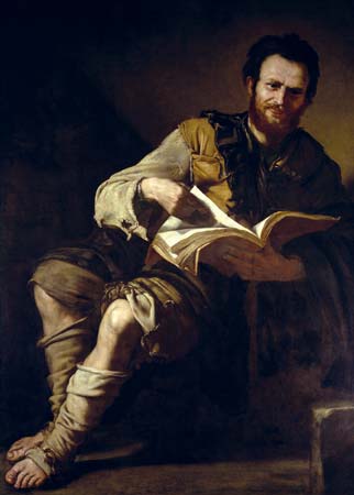 A 1630 Painting of Democritus leaning right and reading a book.