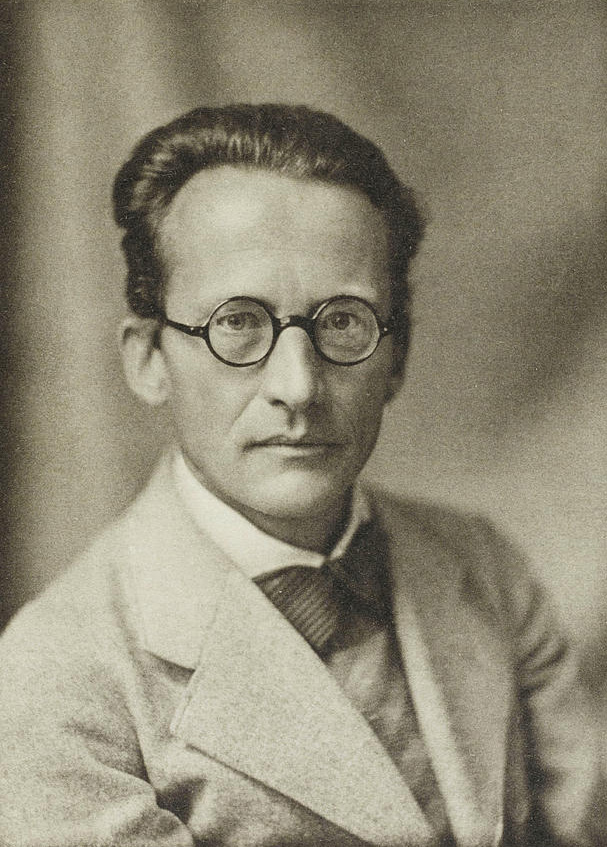 Erwin Schrödinger looking at the camera in a suit and bowtie.